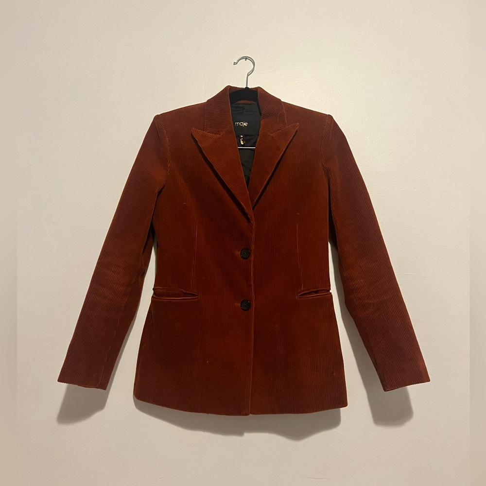 Maje fitted corduroy blazer in rust orange color